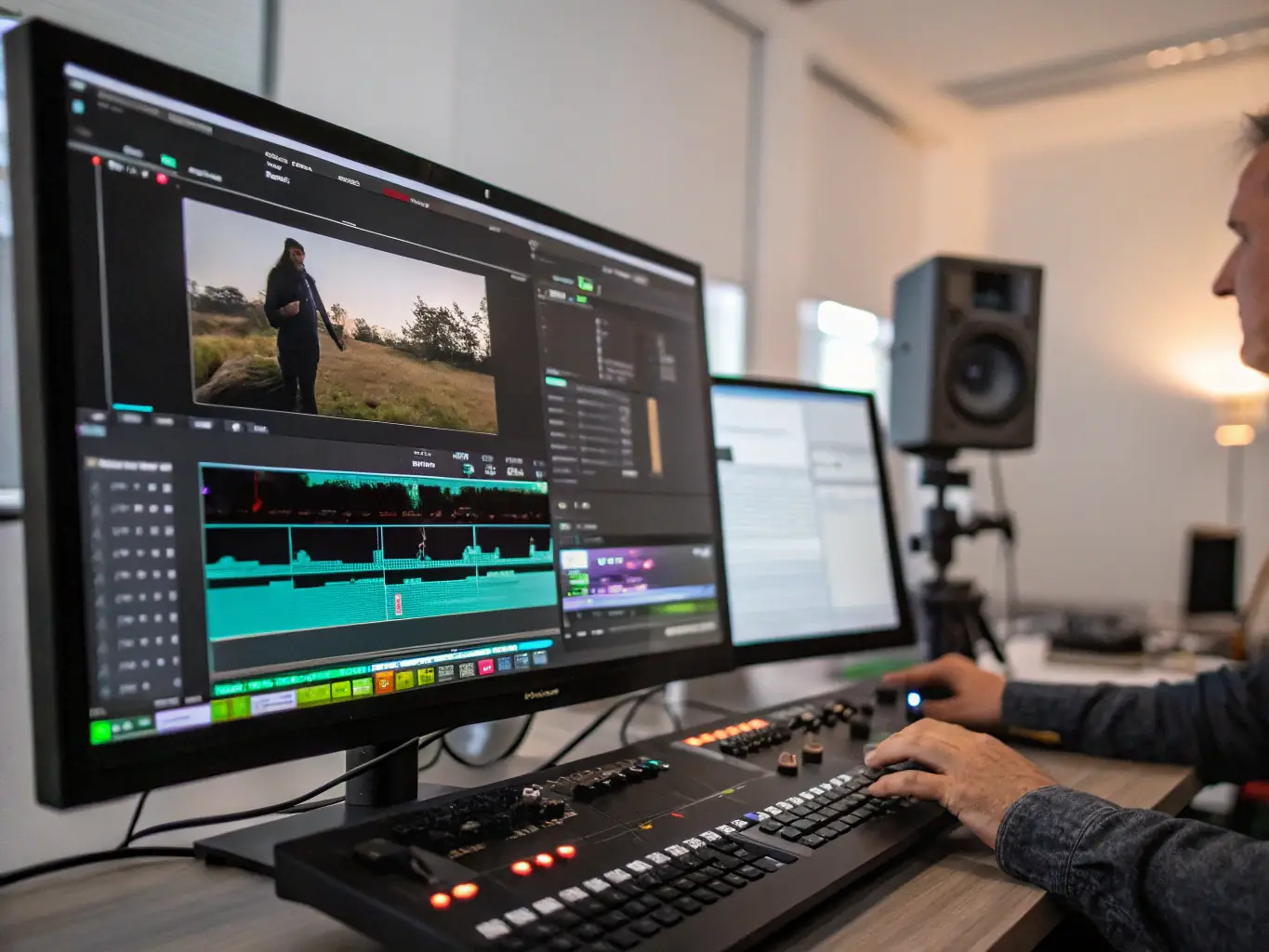 An editor working on a complex video editing project, showcasing the post-production services offered by Studio 1080, including color correction, sound design, and visual effects.