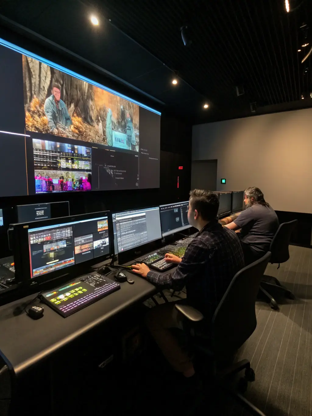 A modern editing suite equipped with the latest software and hardware, showcasing the state-of-the-art facilities available at Studio 1080.