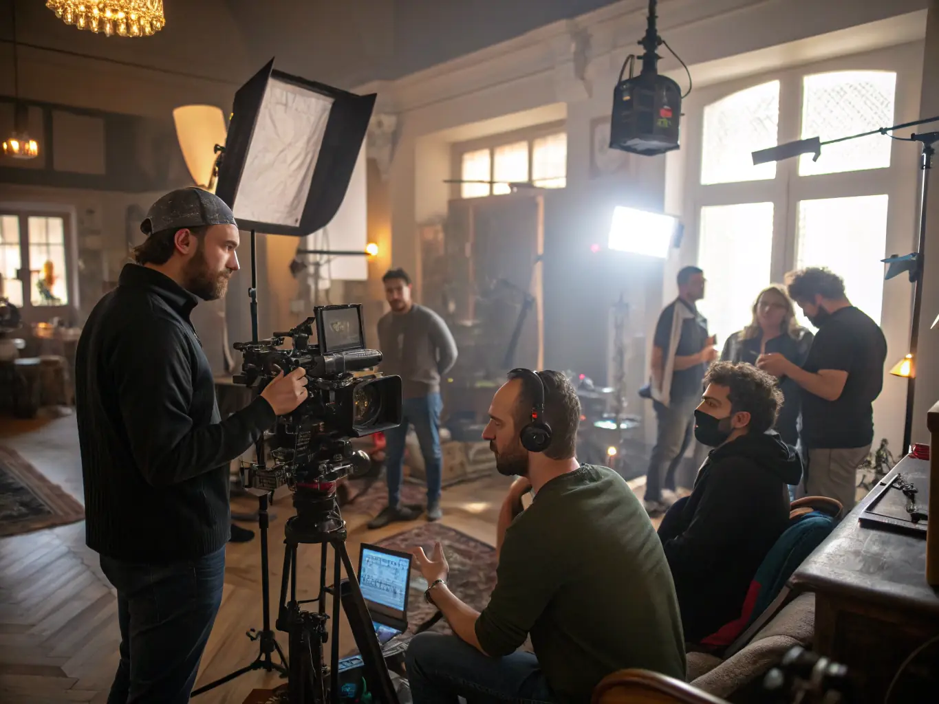 A diverse group of young filmmakers collaborating on set, operating cameras and adjusting lighting under the guidance of a seasoned instructor, capturing the collaborative spirit of Studio 1080's filmmaking camp.