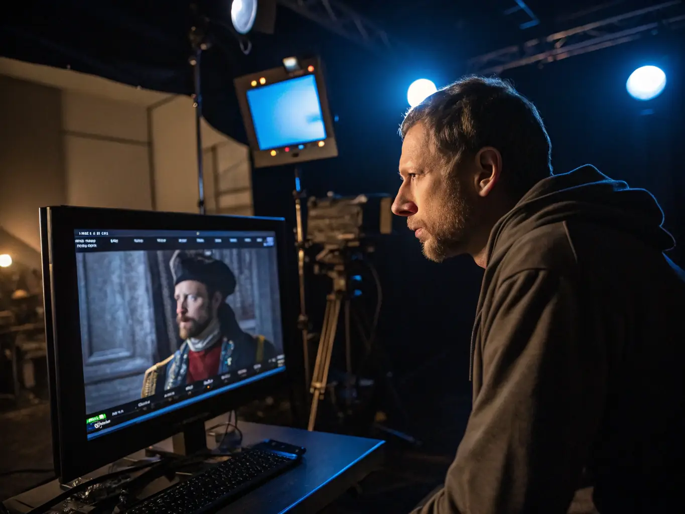 A director reviewing footage on set with a cinematographer, focusing on the technical aspects of filmmaking, highlighting Studio 1080's commitment to professional production quality.